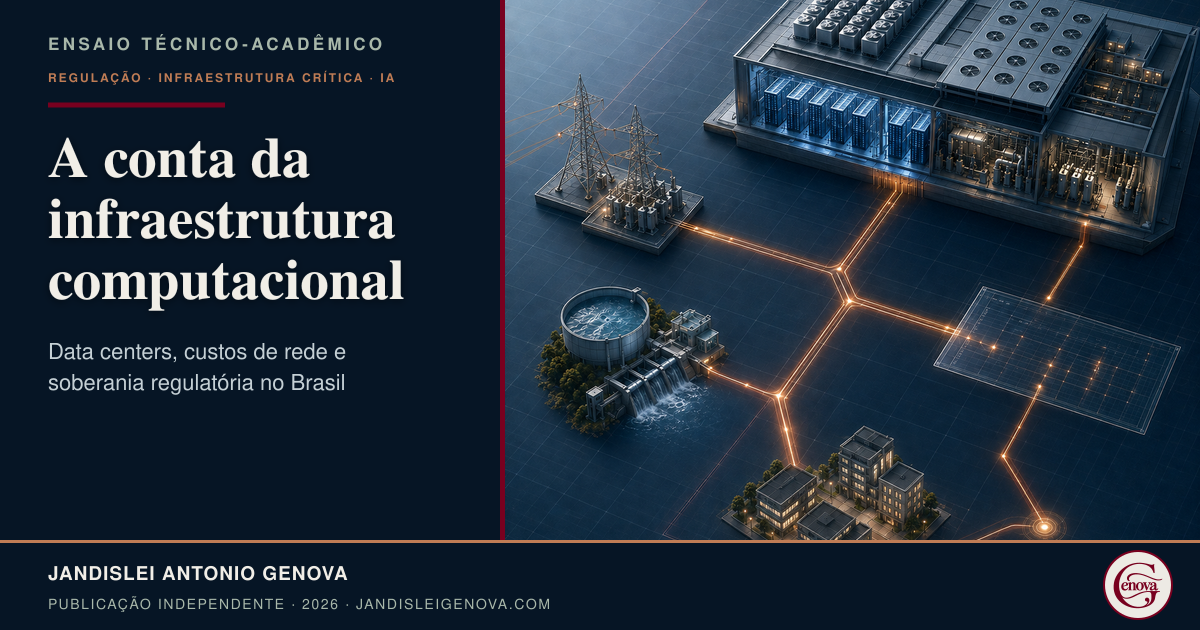 Ilustração editorial de um data center conectado à rede elétrica, ao sistema de água, a um núcleo urbano e a um plano regulatório, representando a atribuição dos custos da infraestrutura computacional