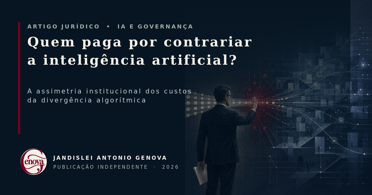 Ilustração conceitual de um supervisor humano interrompendo uma saída automatizada, com o custo da divergência concentrado junto à pessoa e os efeitos da decisão dispersos pela instituição