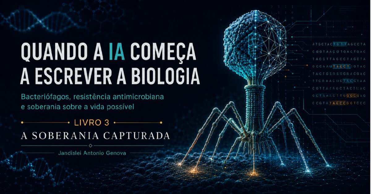 Arte conceitual de um bacteriófago formado por estruturas biológicas e digitais, associada ao Livro 3 A Soberania Capturada