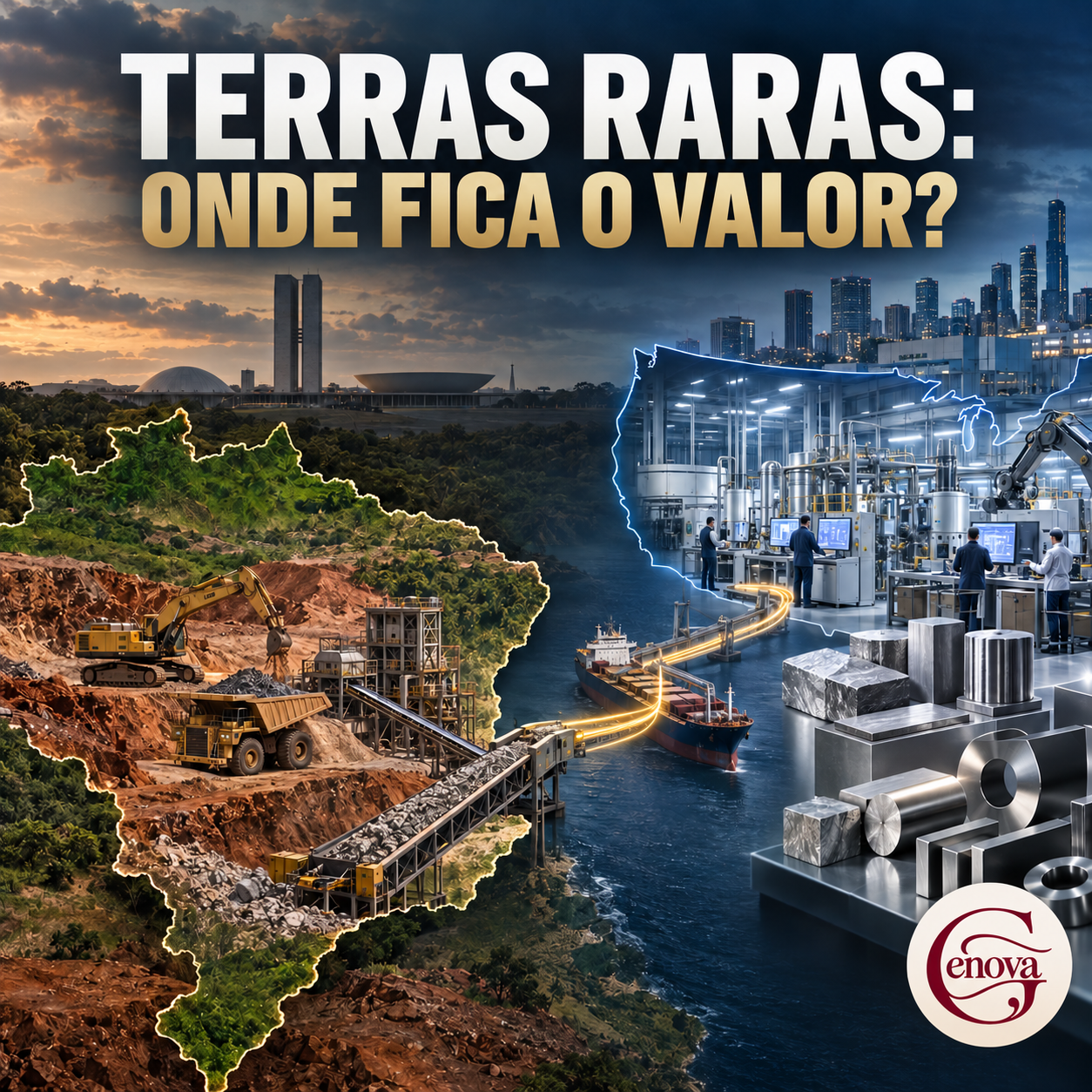 Ilustração conceitual com o título Terras raras: onde fica o valor?, mineração e processamento no contorno do Brasil, o Congresso ao fundo e uma fábrica tecnológica associada ao contorno dos Estados Unidos. Selo GENOVA no canto inferior direito.