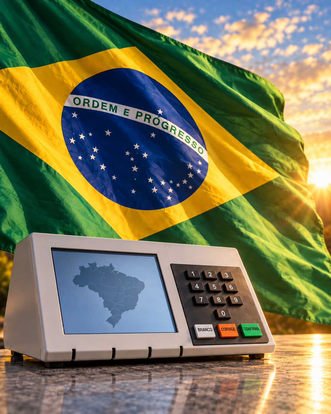 Ilustração de uma urna eletrônica com o mapa do Brasil na tela, diante da bandeira brasileira ao pôr do sol.