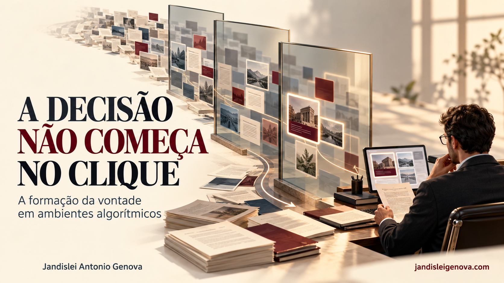 Ilustração com a frase A decisão não começa no clique: documentos atravessam painéis de seleção antes de chegar a uma pessoa que examina informações. Nome de Jandislei Antonio Genova e endereço do site.