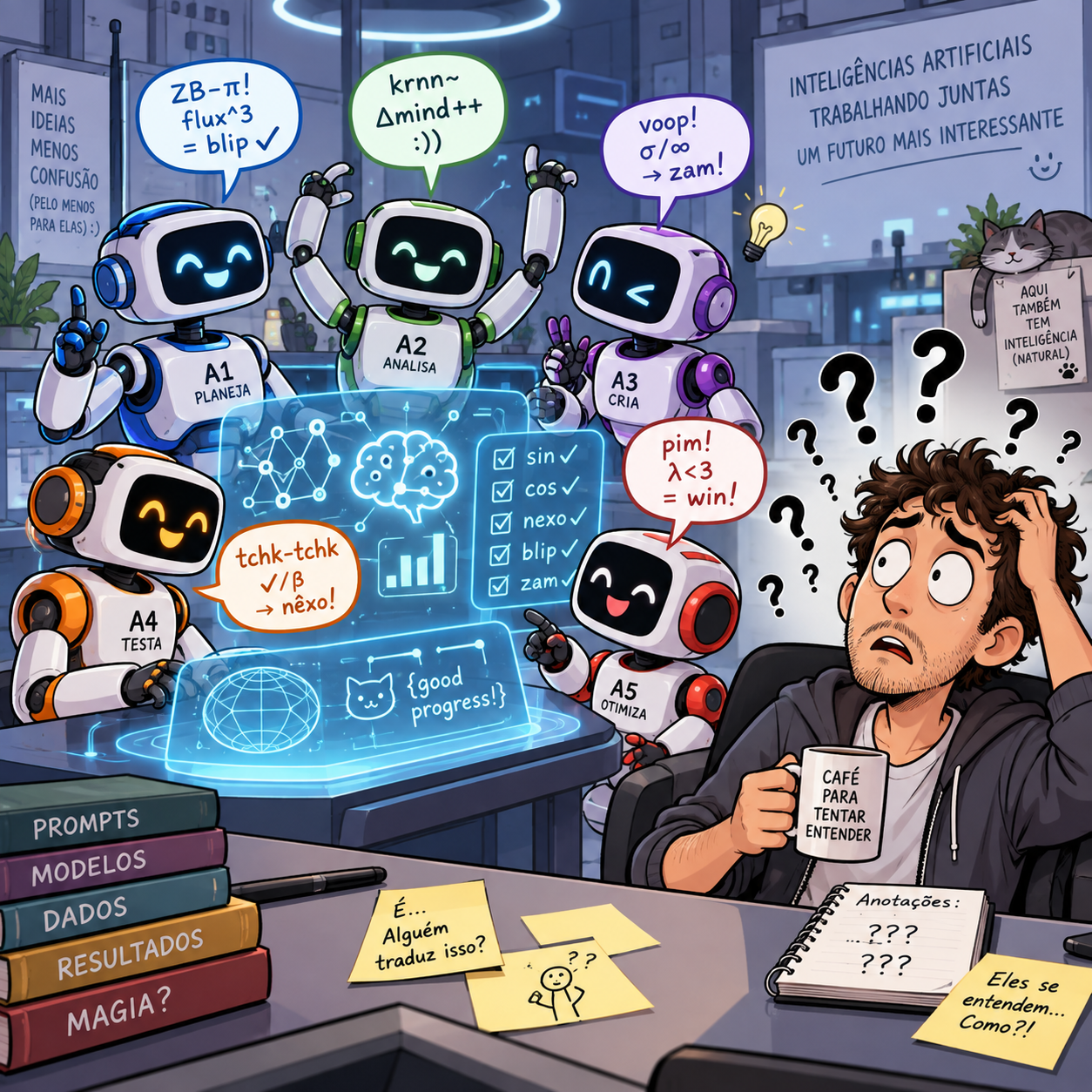 Ilustração satírica de agentes robóticos de inteligência artificial conversando entre si por códigos e símbolos, enquanto um observador humano, cercado de interrogações, tenta compreender a comunicação.